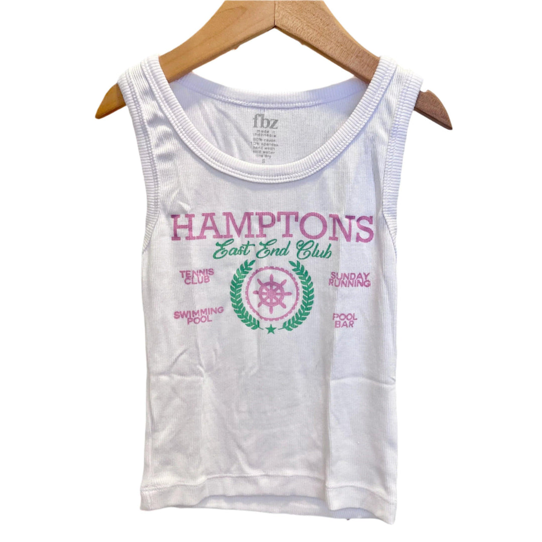 white ribbed tank with the word 'Hamptons, East End Club' written across it. the tank is white and the writing is in pink and green. 