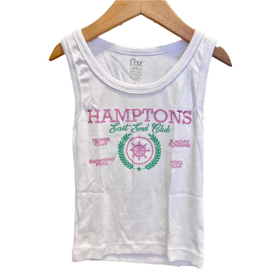 white ribbed tank with the word 'Hamptons, East End Club' written across it. the tank is white and the writing is in pink and green. 
