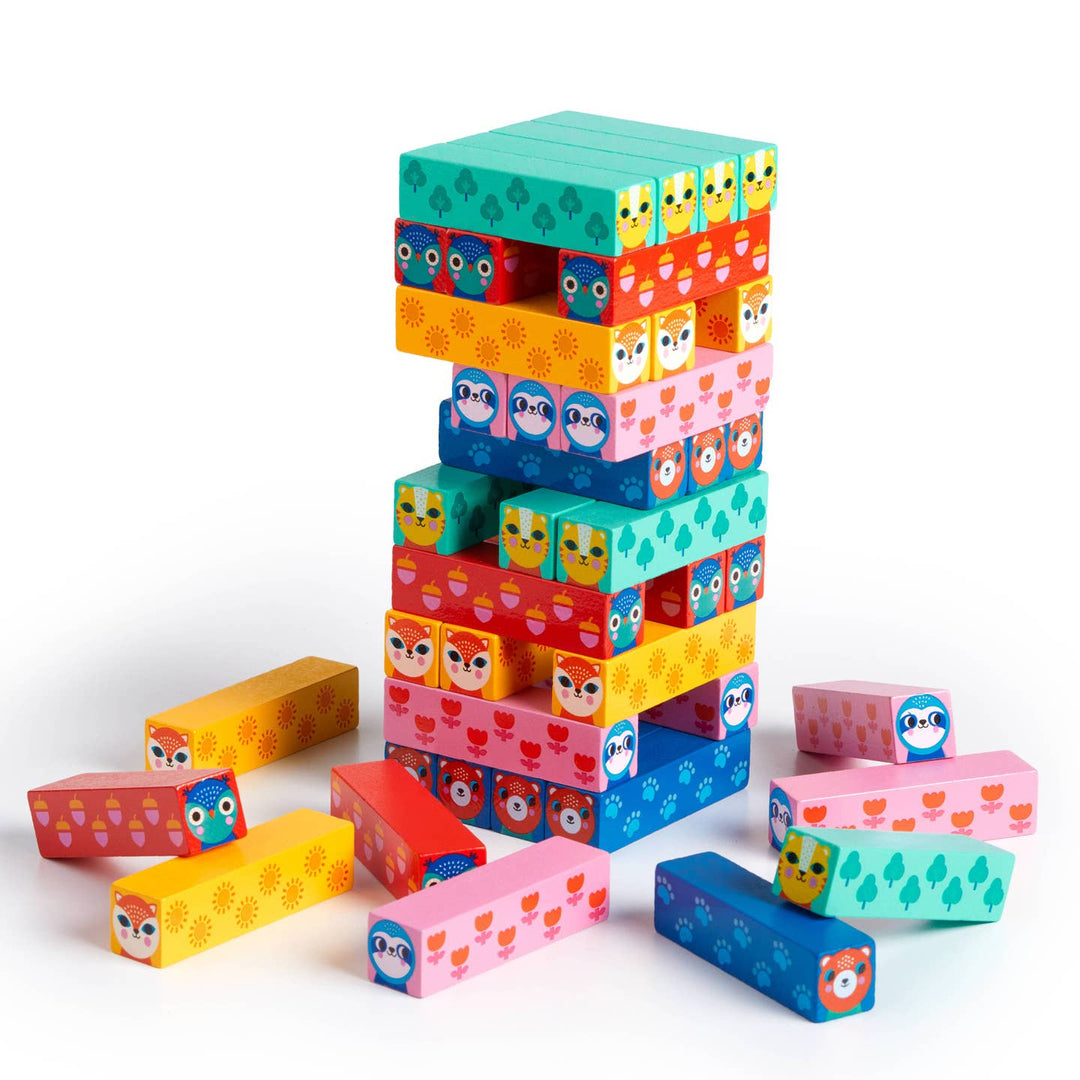 Colorful building blocks with cartoon animal faces stacked on a white background