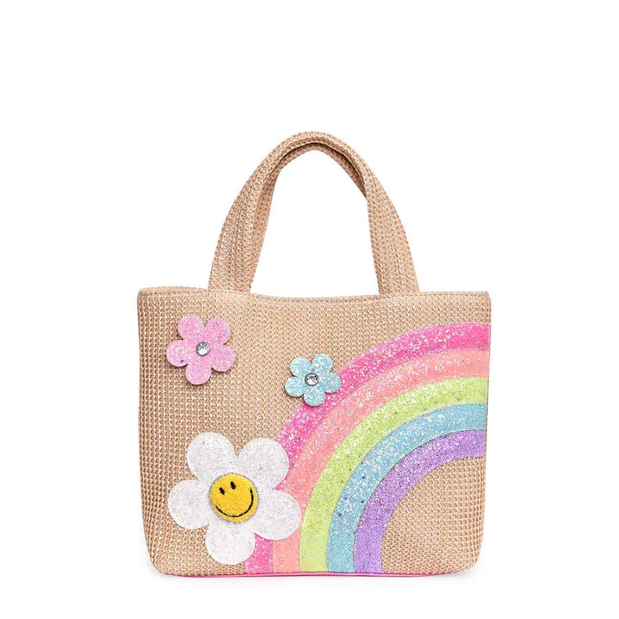 mini straw tote with rainbow applique, two small daisies and one daisty with a smiley face in the center of the flower. 