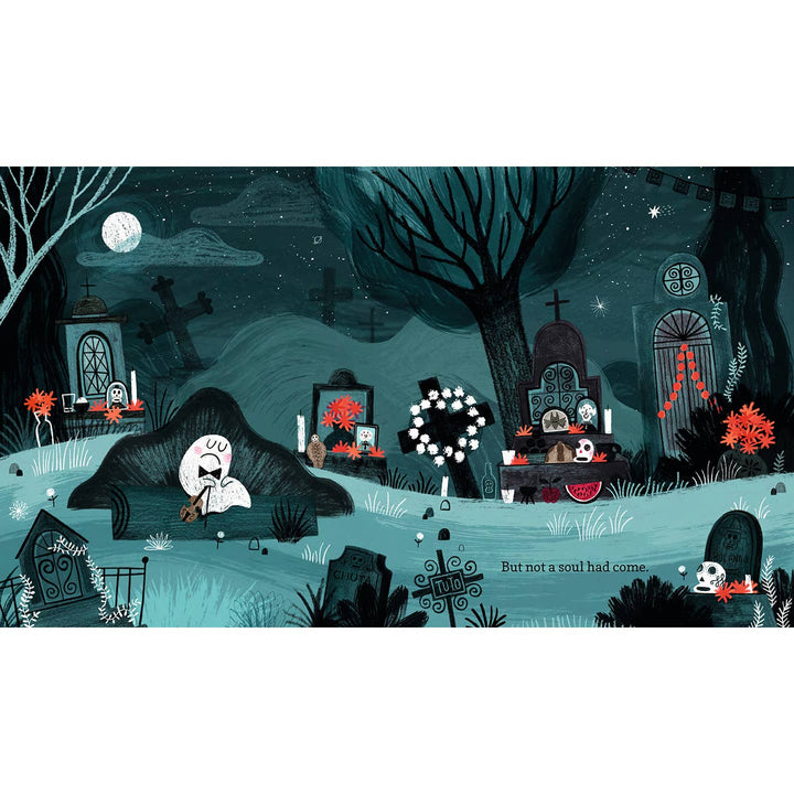 Illustration of a graveyard scene with ghosts and tombstones at night.