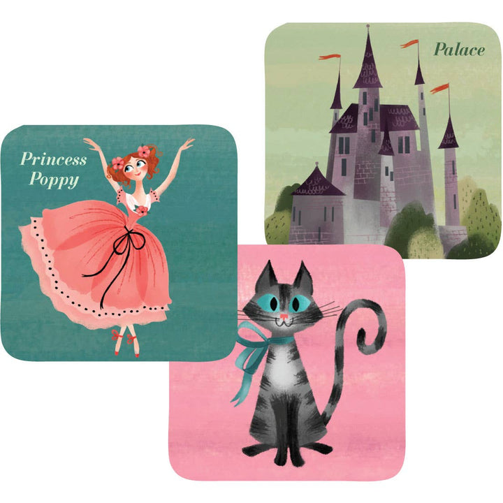 Three illustrated cards featuring a princess, a cat, and a palace on a white background.