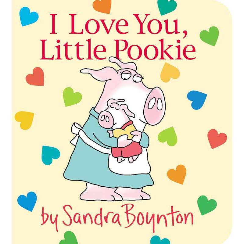 Book cover of 'I Love You, Little Pookie' with a cartoon pig holding a baby piglet on a yellow background with colorful hearts.