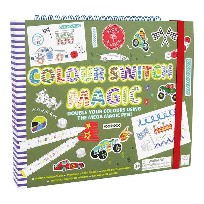 art and crafts book with color switch markerss and stickers in a bound book with a cars theme. 