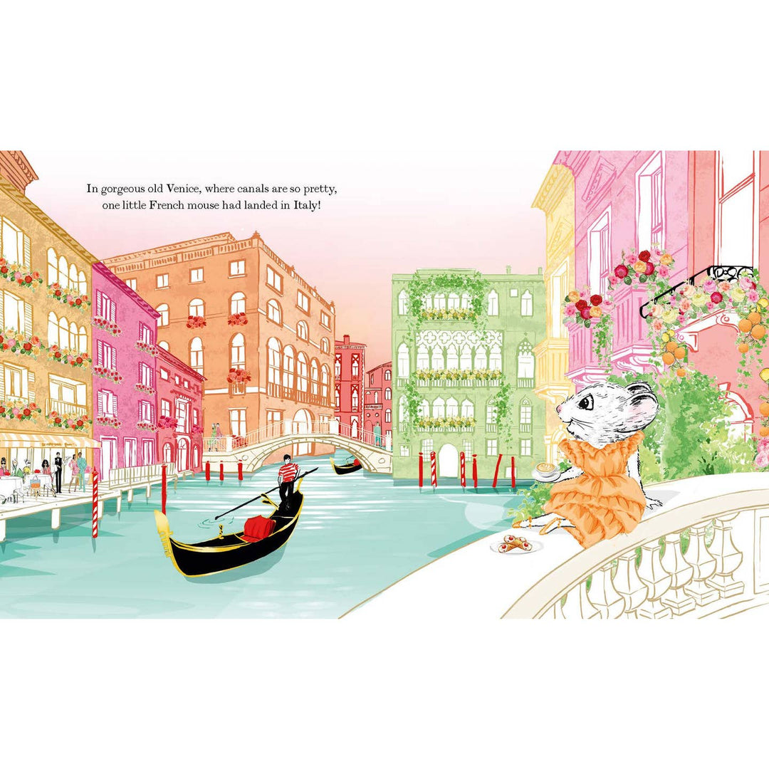 Illustration of a mouse in an orange dress standing on a bridge over a canal in Venice, with gondolas and colorful buildings.