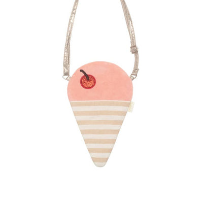 crossbody bag shaped like an ice cream cone, pink ice cream with a cherry on top. gold crossbody strap