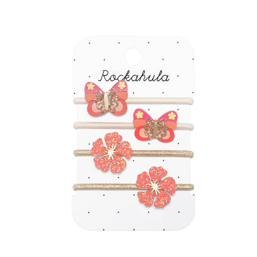 set of 4 ponytail holders: 2 with coral Hibiscus flowers attached and 2 with butteflies attached