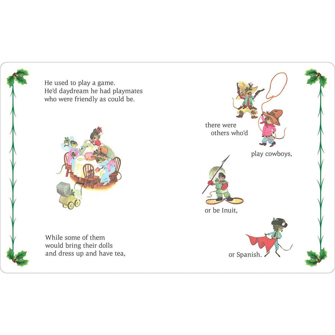 Illustrated children's book page with characters playing different roles.