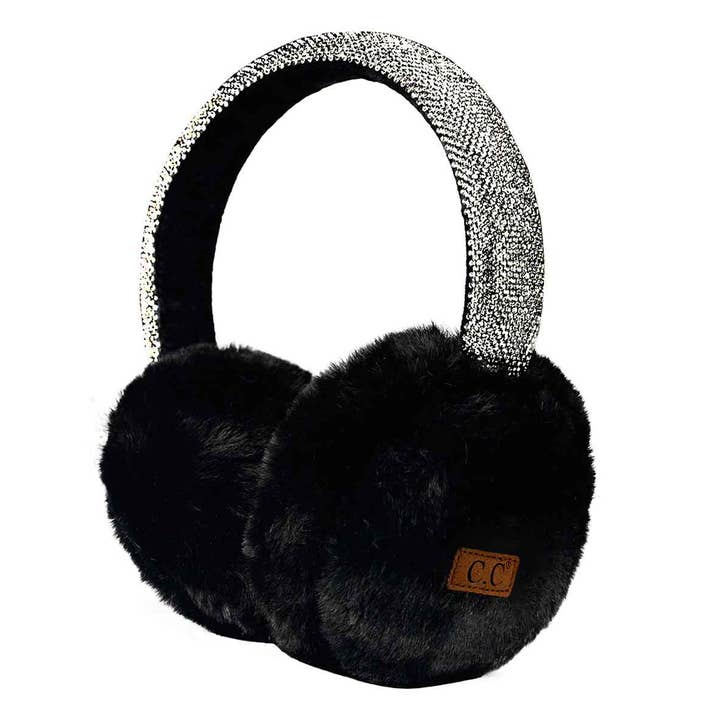 black furry earmuffs with a rhinestone headband that connects the two earmuffs