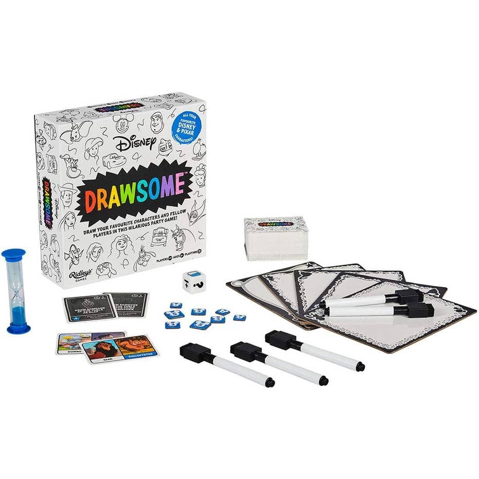 Drawsome Disney game set with packaging, cards, markers, and dry erase boards on a white background