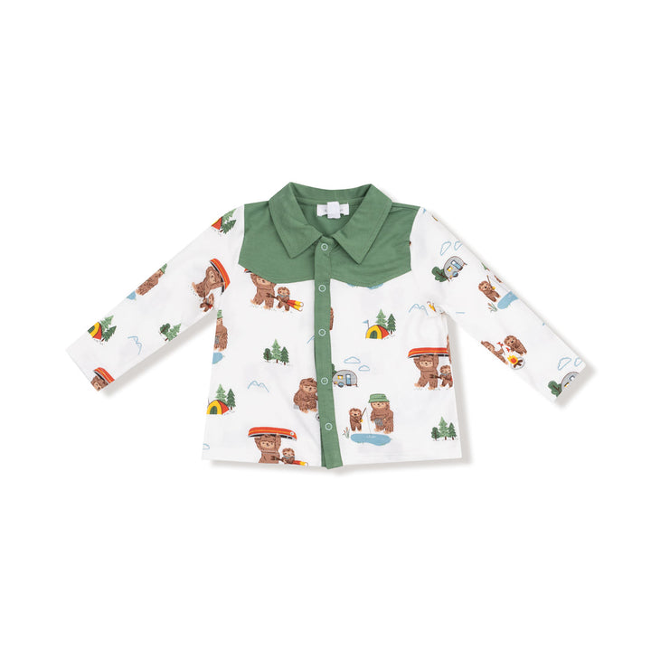 Children's shirt with bigfoot and nature pattern on a white background