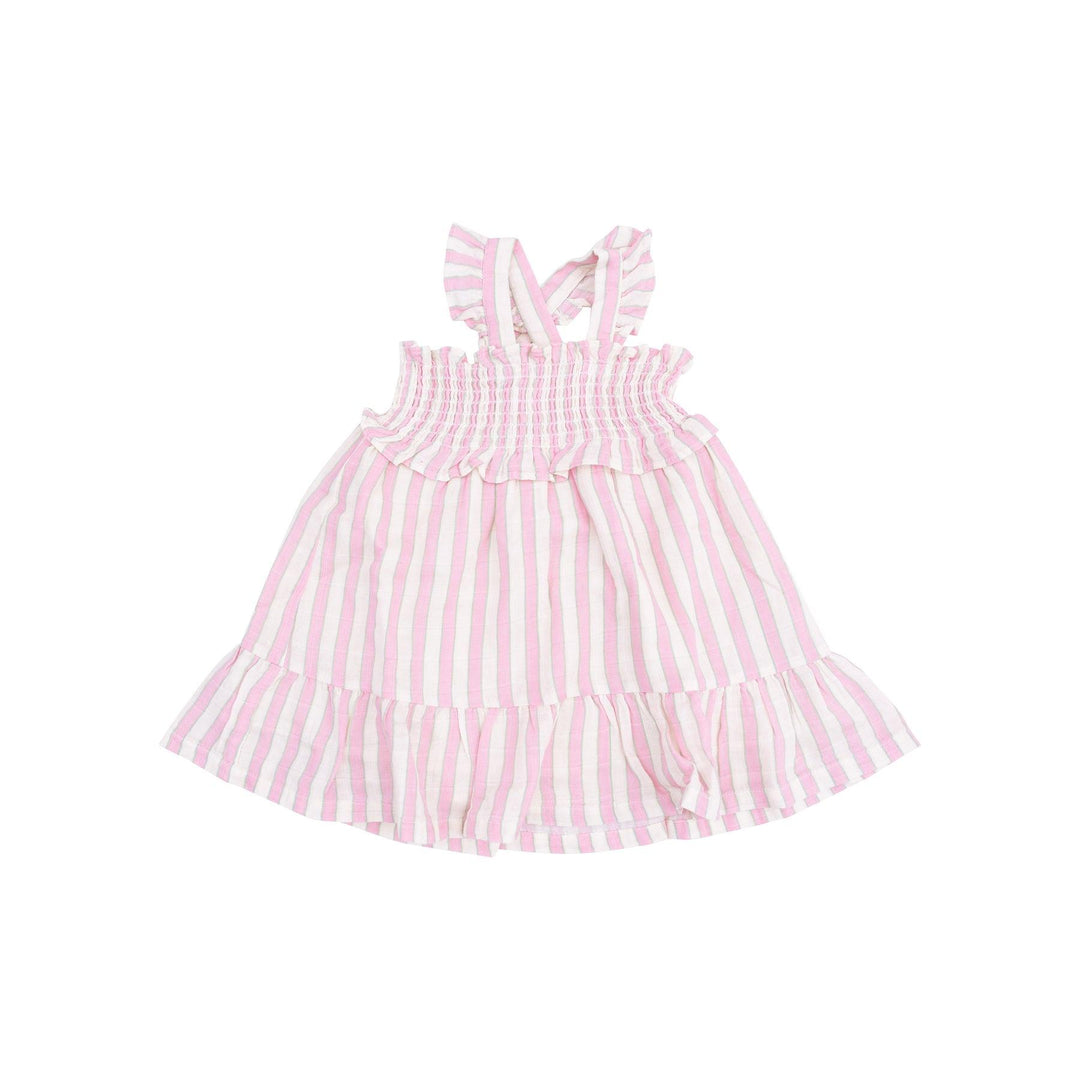pink and white striped dress with jstraps that criss cross in the back and have a ruffle at the end. big ruffle at the bottom. 