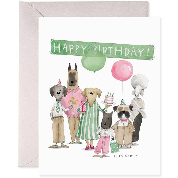 birthday card with all different dogs dressed up in clothes holding cake and presents and balloons. It says 'Happy Birthday' on the top