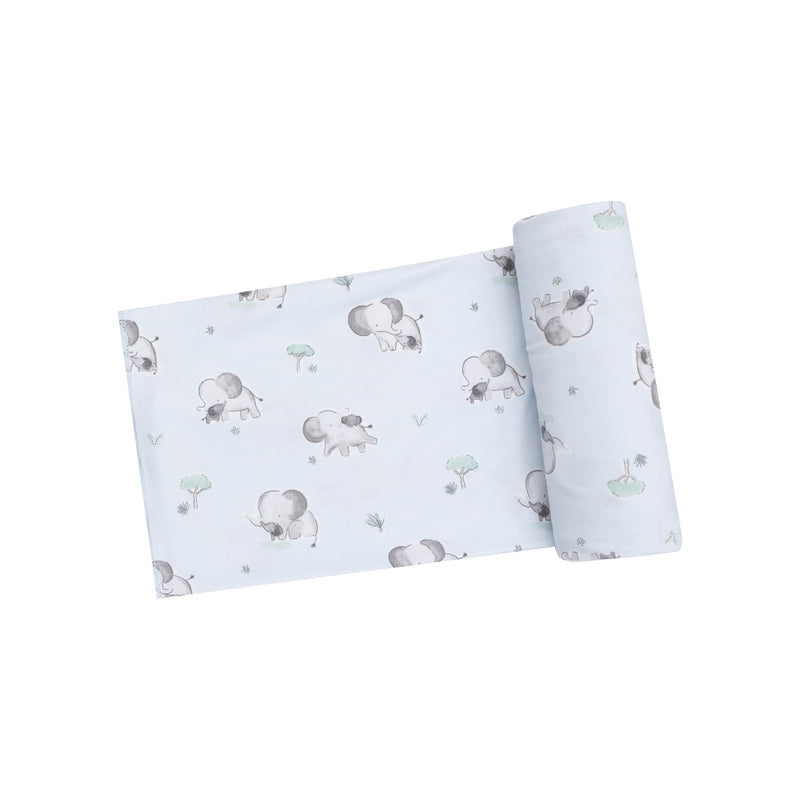 baby swaddle light blue with baby elephants all over it. 