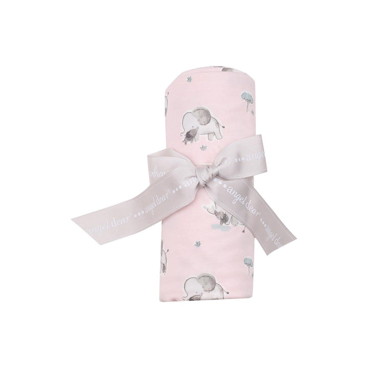 baby pink baby swaddle with gray elephants all over it.  the swaddle is rolled up with a bow the way it will be packaged and sent to you