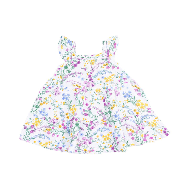 white dress with tiny yellow, purple, blue flowers, sleeveless dress with ruffles on the sleeve and big ruffle along the bottom. 