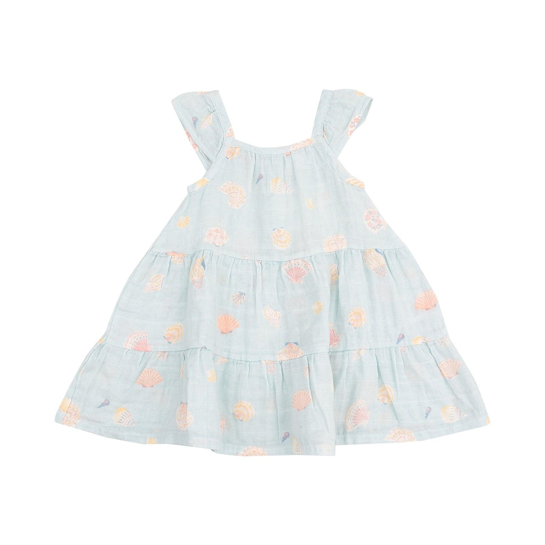 pale blue dress with beige/peach seashells all over the dress. A-line dress. 