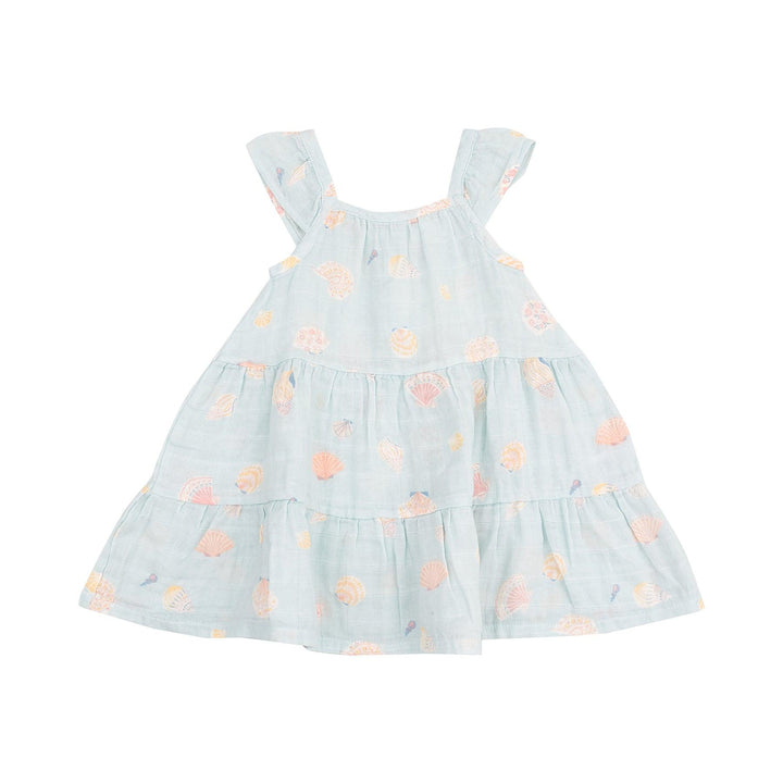 pale blue dress with beige/peach seashells all over the dress. A-line dress. 