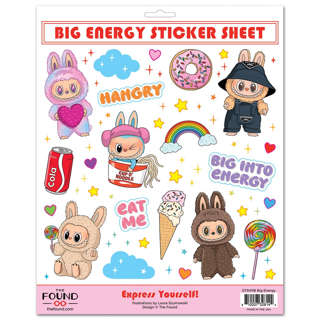 Sticker sheet with cartoon characters and text on a white background