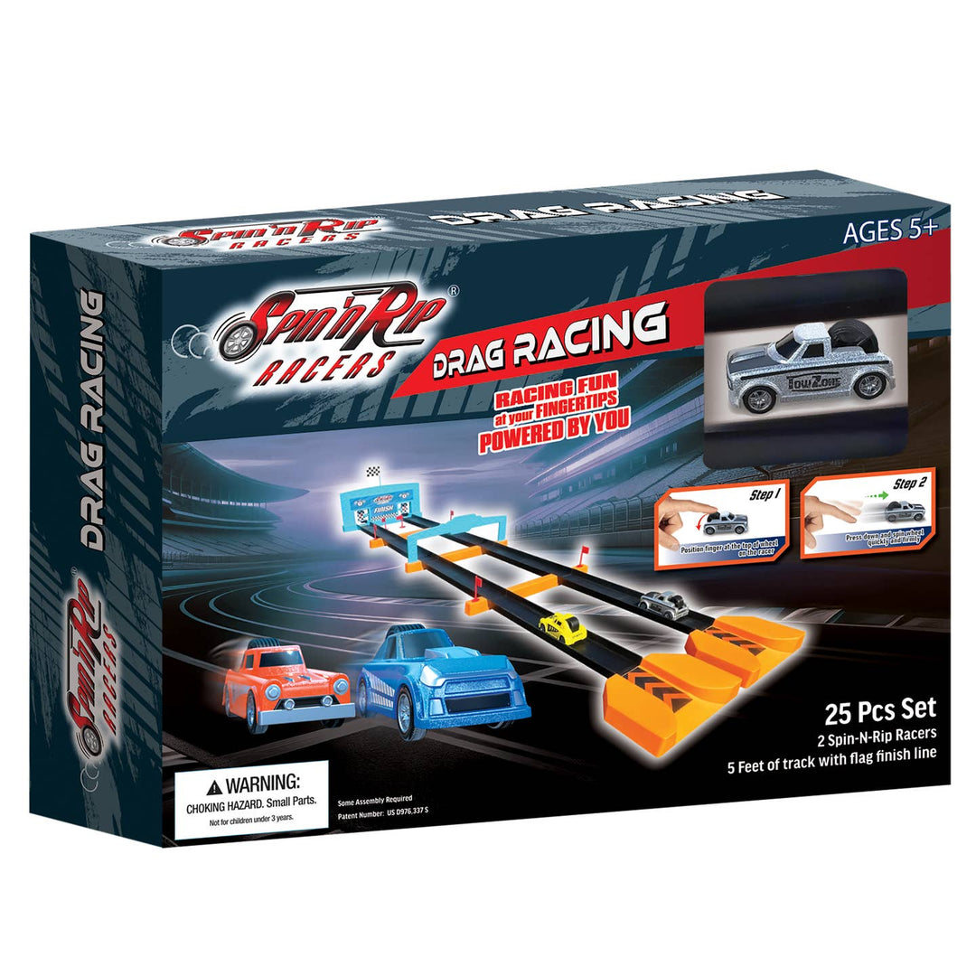 Spin 'n' Racer Drag Racing toy set packaging with cars and track on a white background