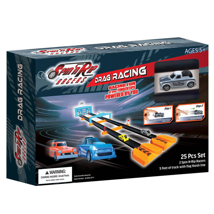 Spin 'n' Racer Drag Racing toy set packaging with cars and track on a white background