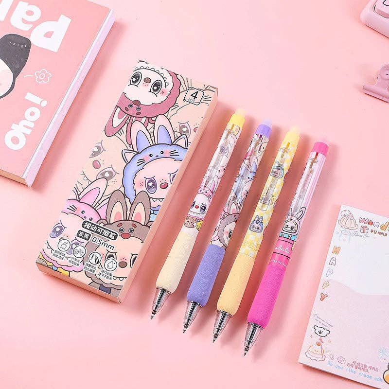 Kawaii-style pens with cartoon labubu characters on a pink background