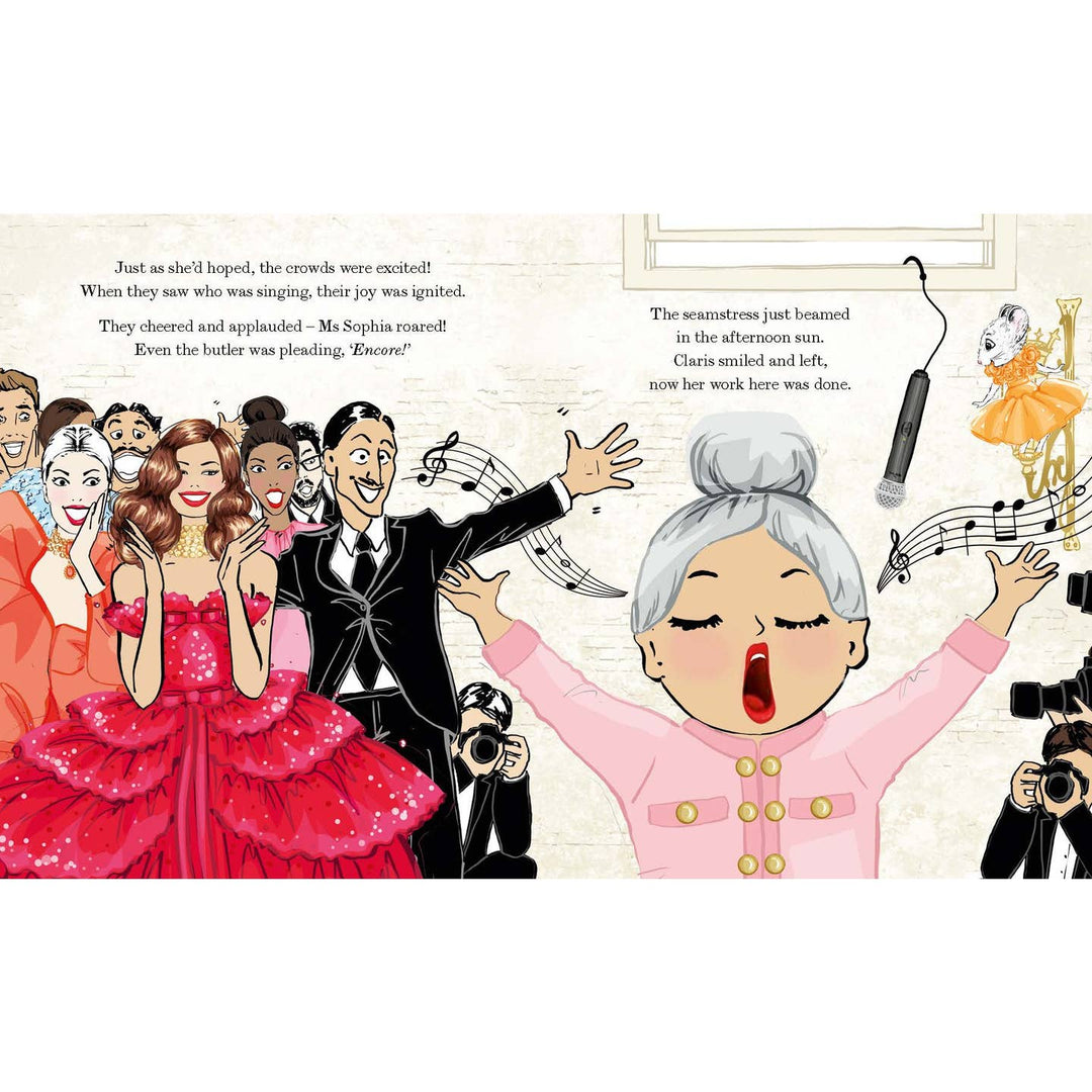 Illustration of a woman in a pink dress with gray hair, surrounded by other characters, with text on a white background.