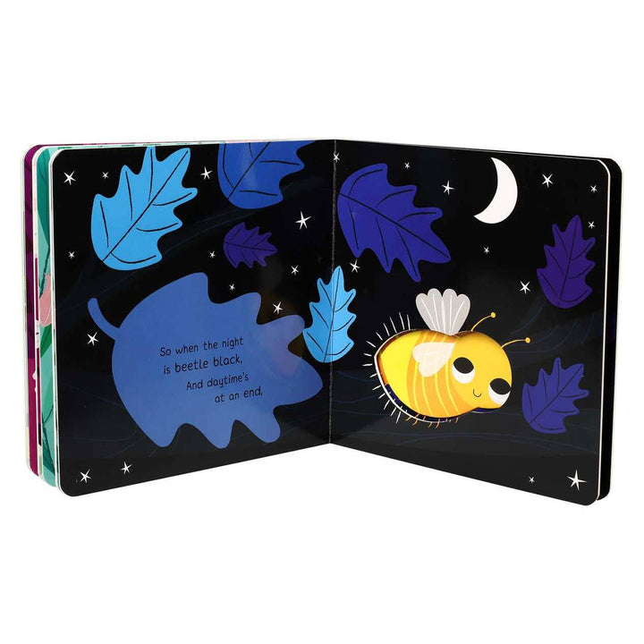 Open children's book with illustrations of a blue bear and yellow bee on a dark background.