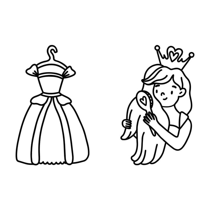 Illustration of a dress on a hanger and a princess with a crown holding a heart.