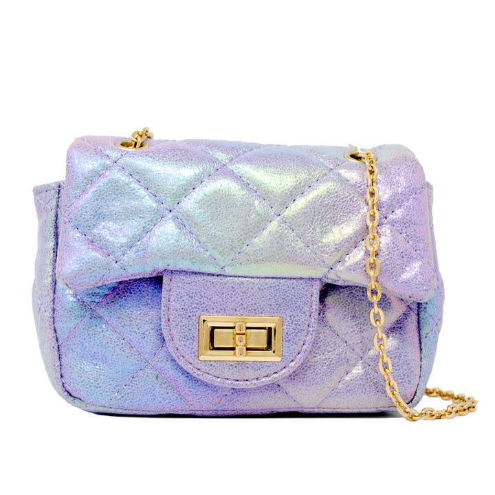 purple iridescent quilted bag with push lock and gold link chain strap 