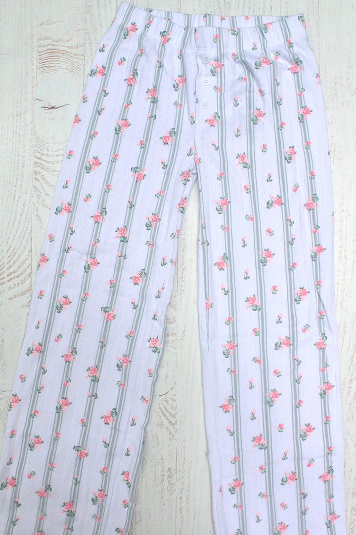 Tween Bottoms | Pointelle Pants - Grey Stripes and Flowers | Flowers by Zoe