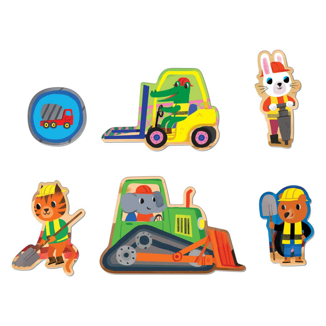Set of colorful animal figurines with construction-themed outfits on a white background