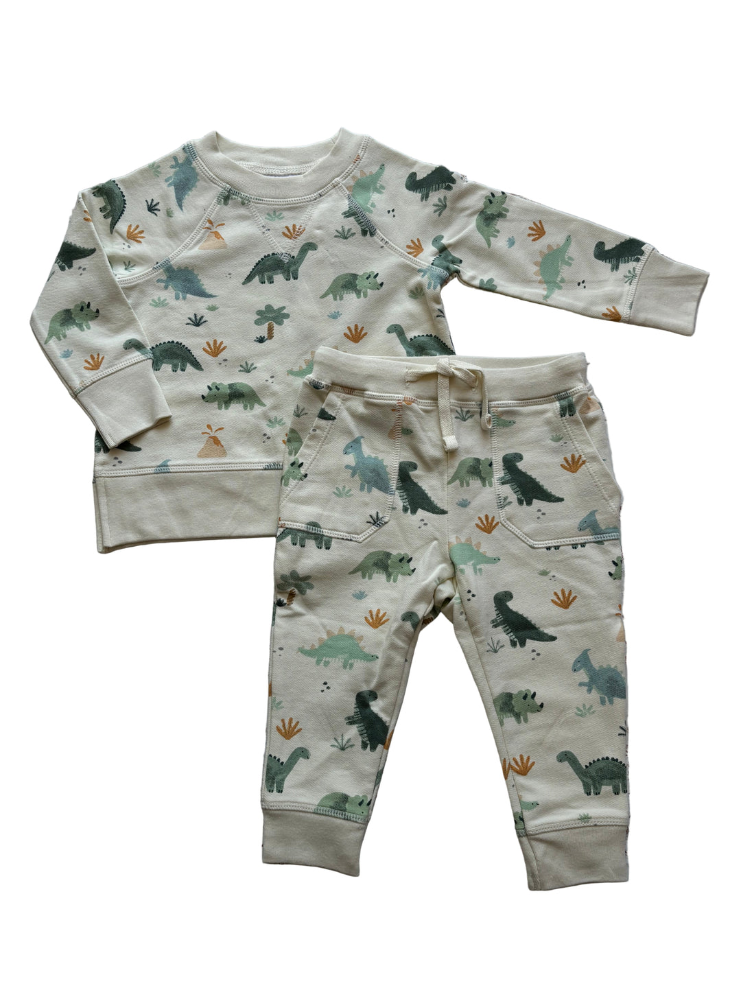 Children's outfit with dinosaur pattern on a wooden surface