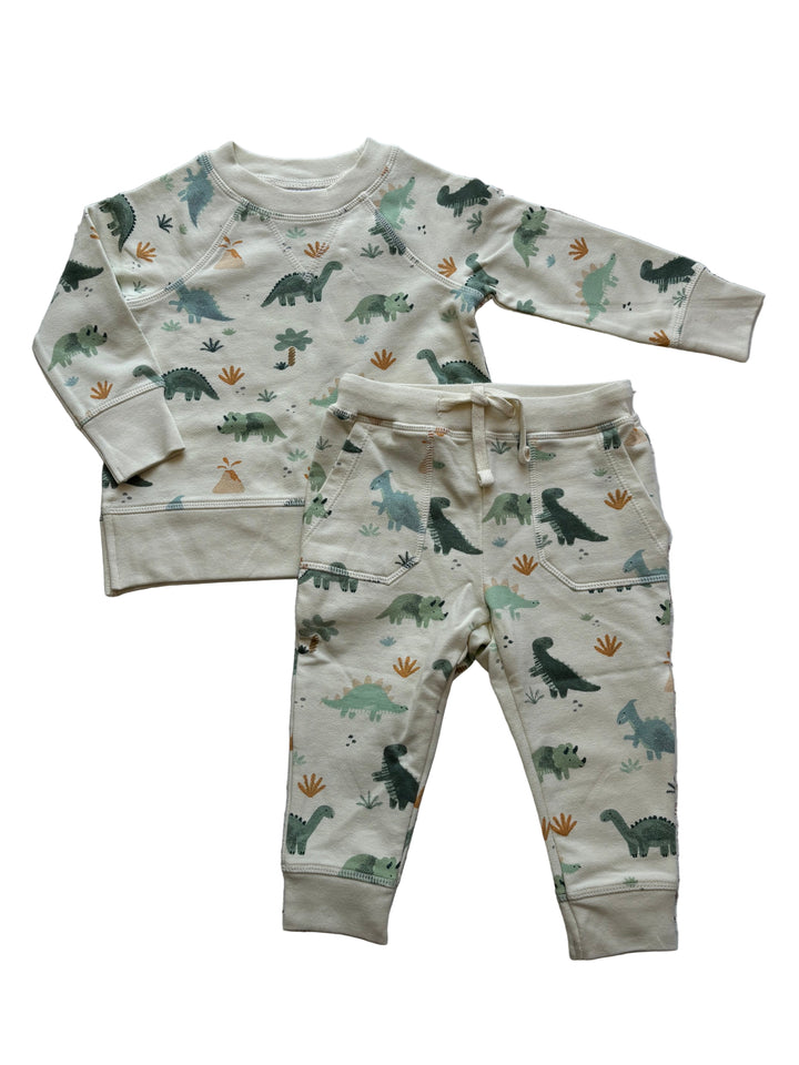 Children's outfit with dinosaur pattern on a wooden surface