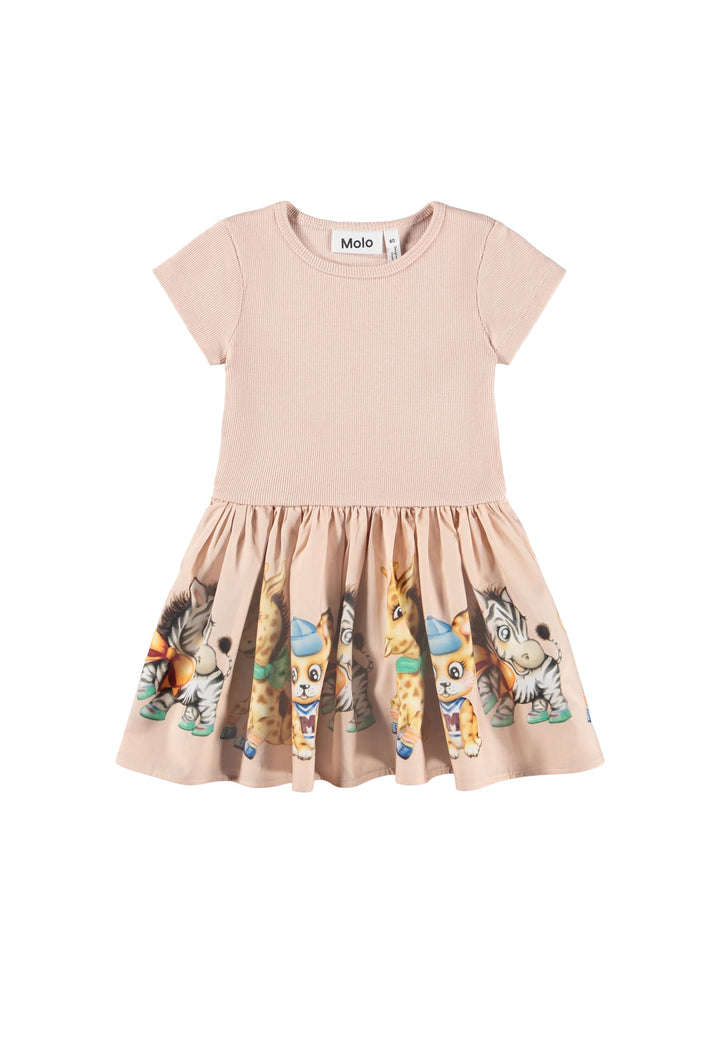 Beige dress with cartoon character print on a white background