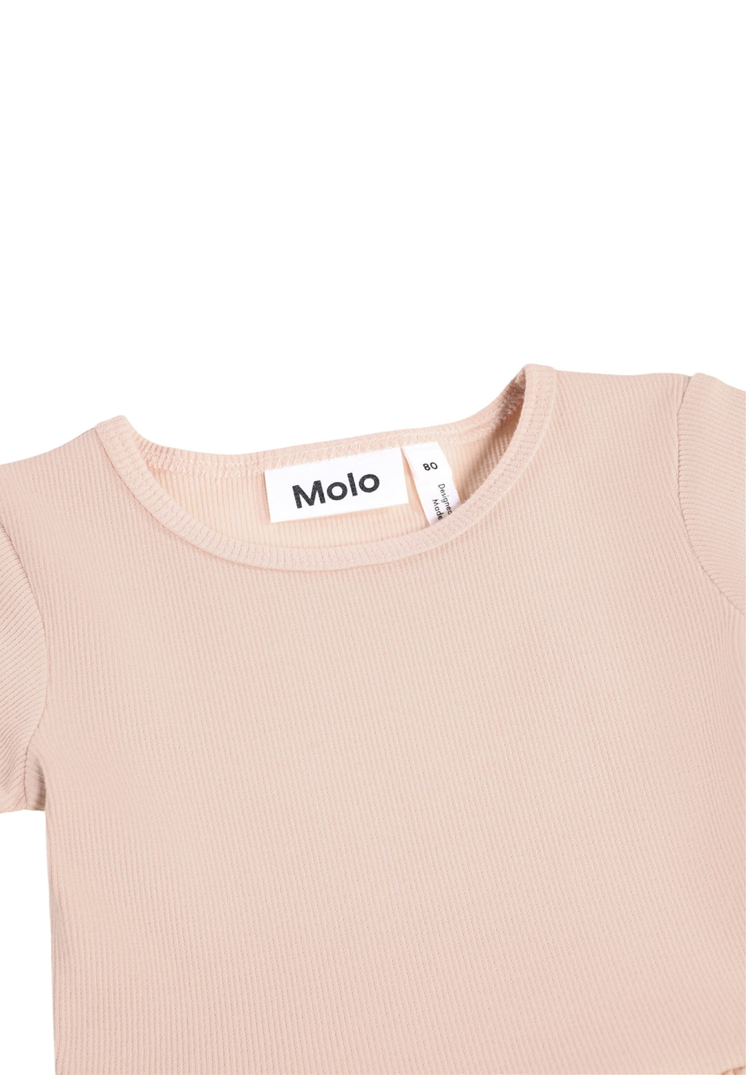 Beige t-shirt with a visible Molo label on a white background
