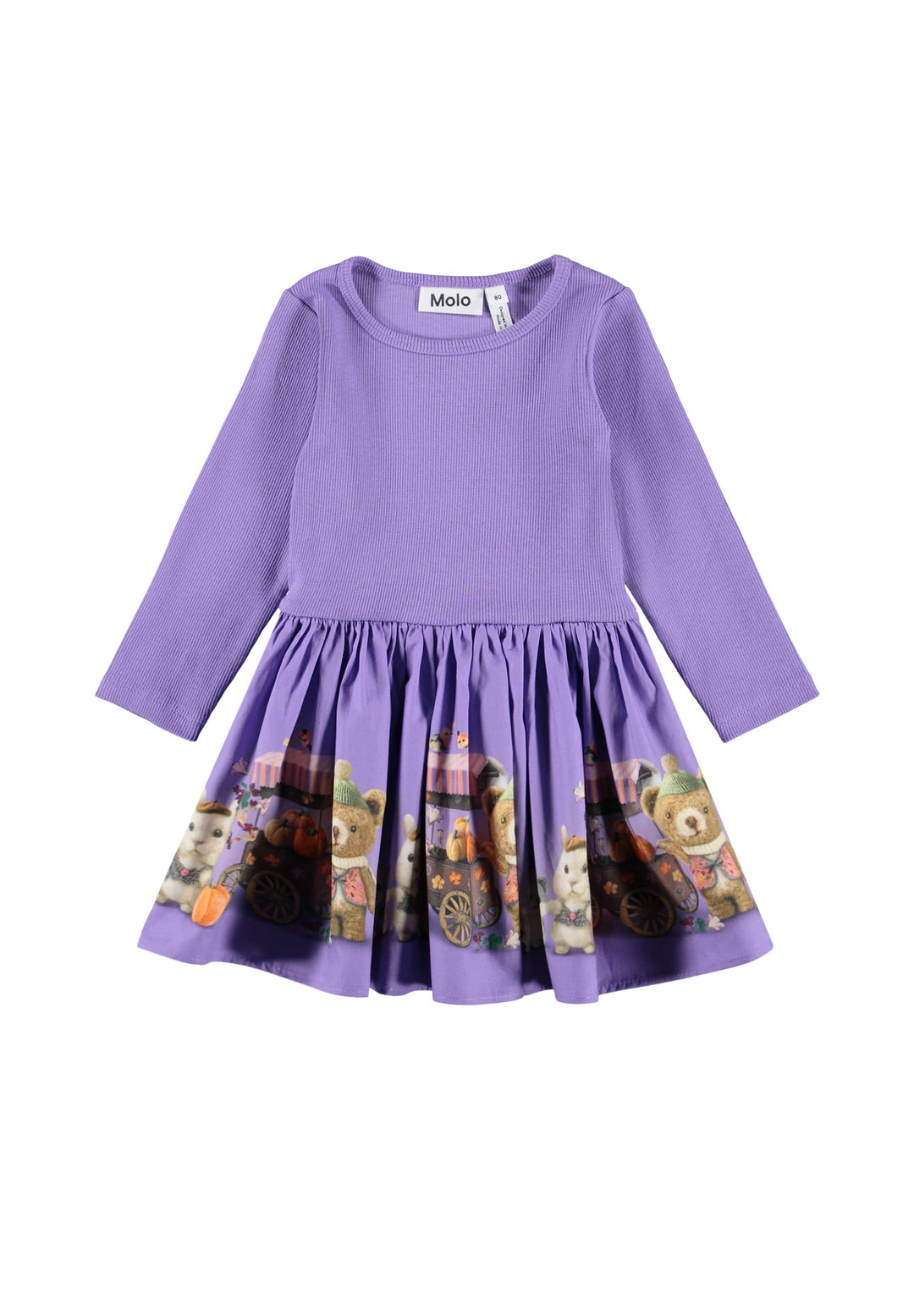 Purple dress with teddy bear print on a white background