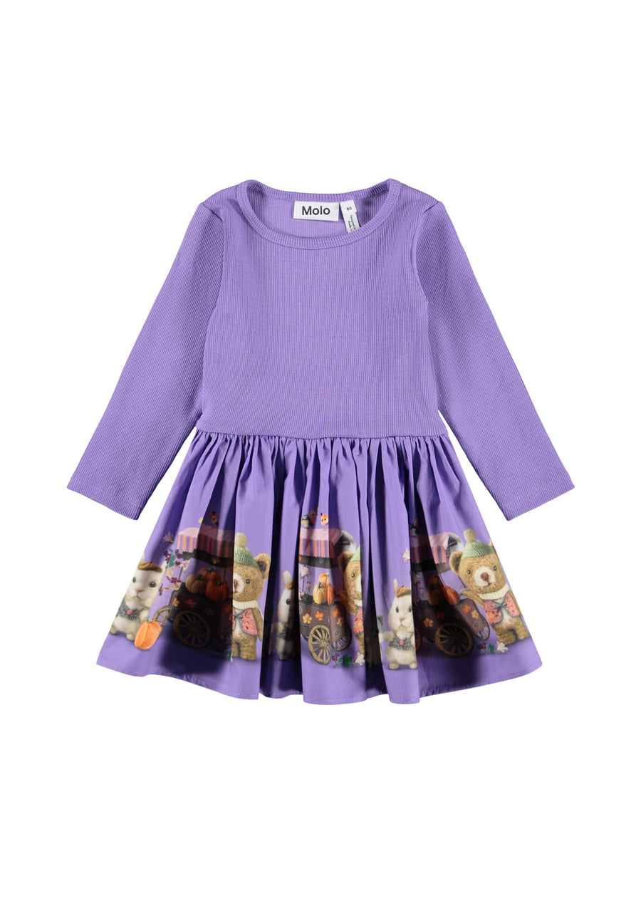 Purple dress with teddy bear print on a white background