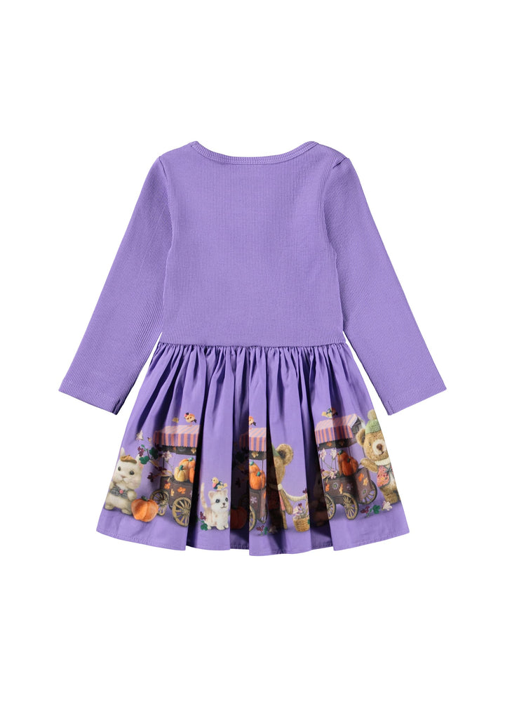 Purple dress with cartoon character print on a white background