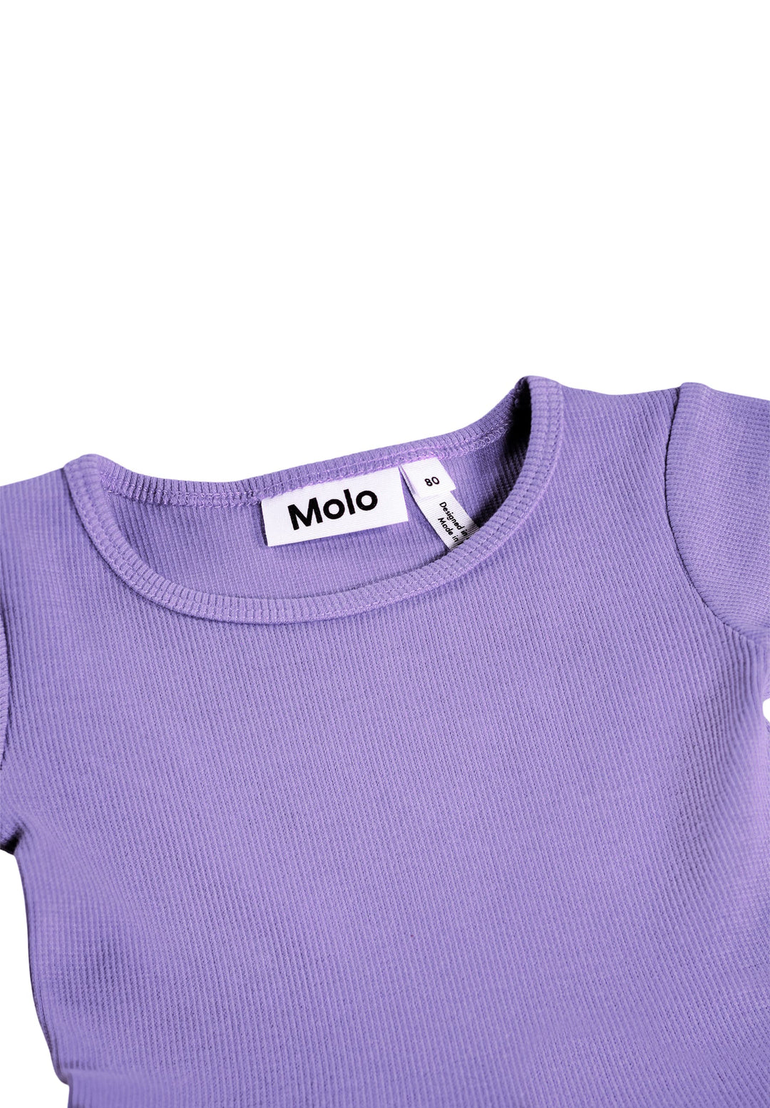 Purple t-shirt with 'Molo' brand label on a white background