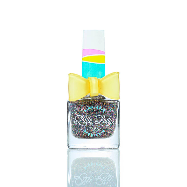 multi color glitter nail polish in a bottle with a bow ring on top in yellow color 