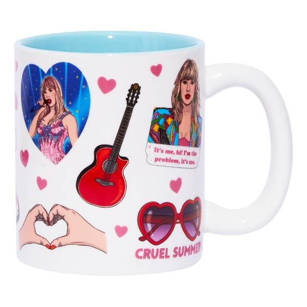 These pictures show Taylor Swift in her Lover era, a guitar, a pair sunglasses shaped like a heart, Taylor Swift in a blue blazer 