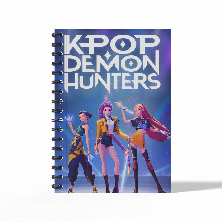 Notebook titled 'K-Pop Demon Hunters' with three animated characters on a white background