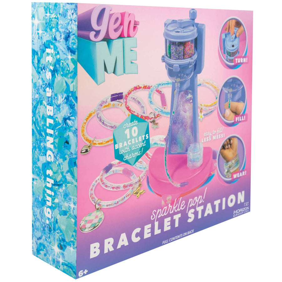 Box of a bracelet-making station toy with colorful design and text.