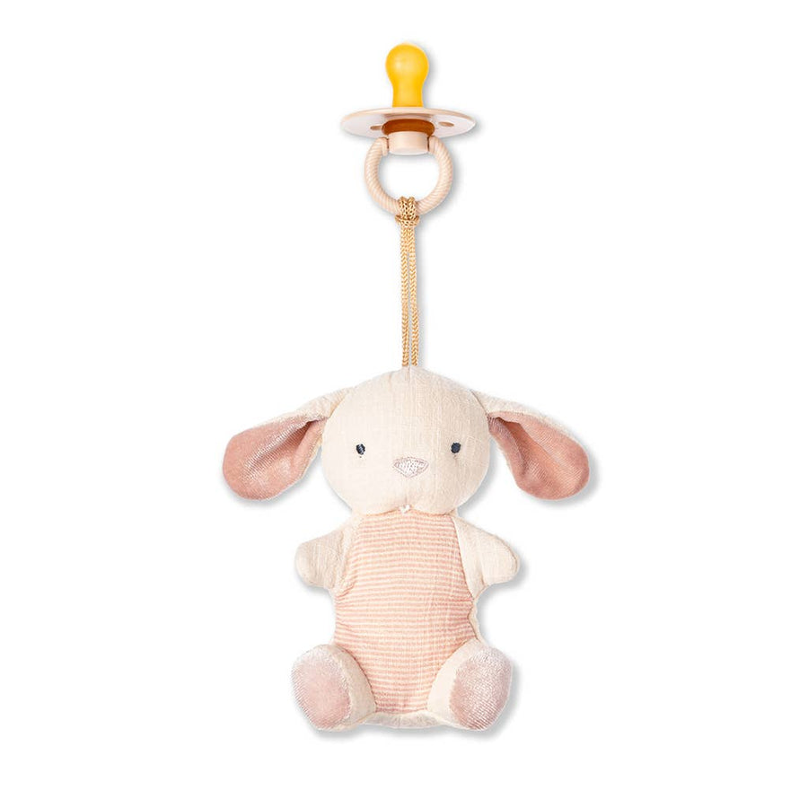 Plush rabbit toy with a pacifier clip on a white background