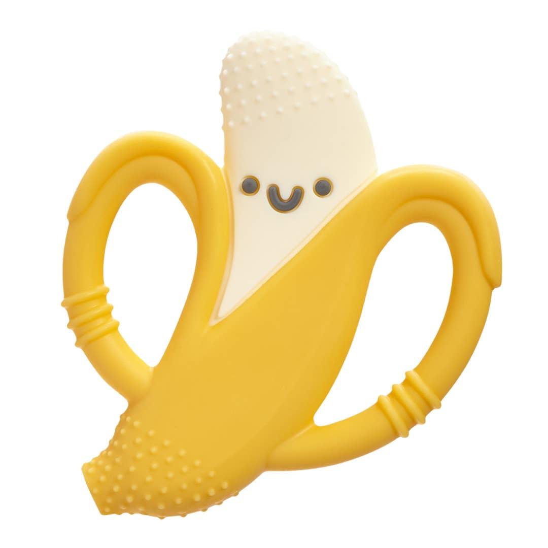 banana teething toy with handles for baby to hold onto. there is texture at the top of the banana and the bottom 