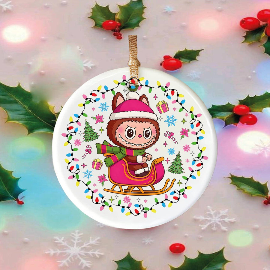 Circular Christmas ornament with a cartoon character on a sleigh surrounded by lights and decorations.