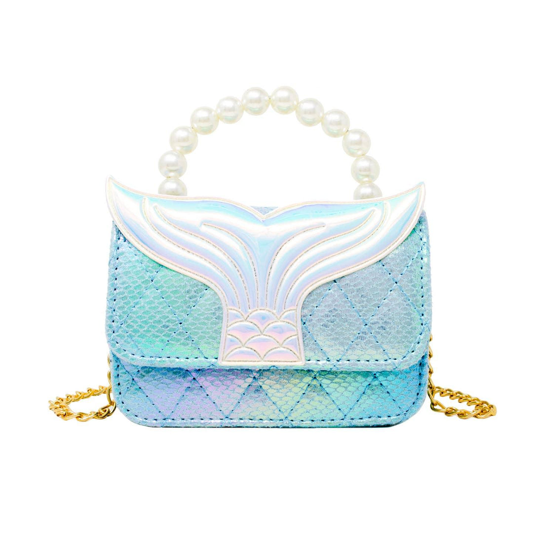 pearlized metallic handbag for little girls. colors are blue/green metallic. pearl handle and big mermaid tail on the flap. 