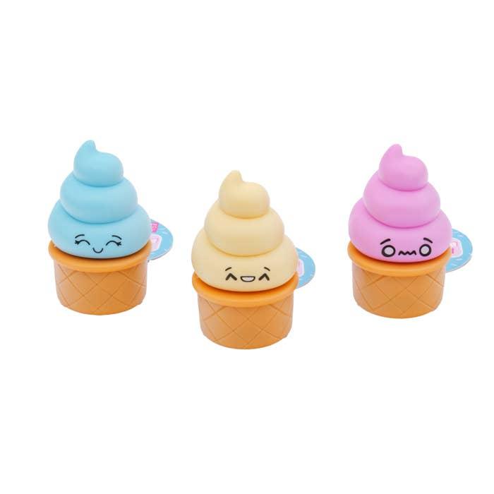 3 different ice cream pull back toys: pink, yellow, blue
