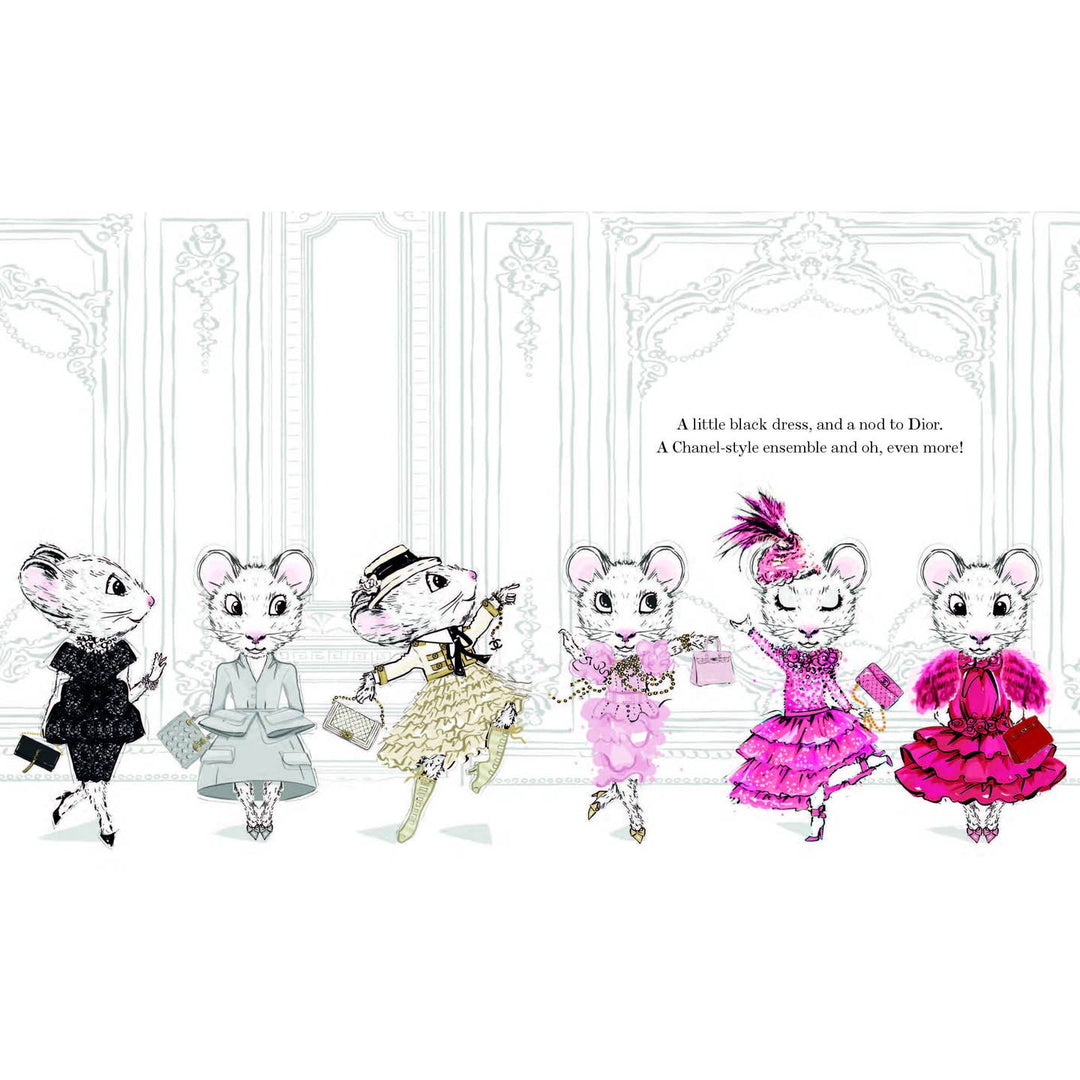 Illustration of stylized mice in fashion attire with decorative frames and text.